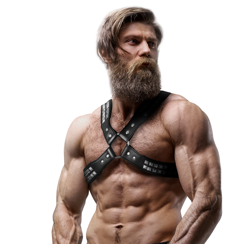 FETISH ONDERWORPEN HOUDING - MANNEN GEKRUISTE BORST ECO-LEDEREN HARNAS MET KLINKNAGELS