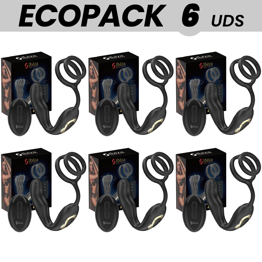 ECOPACKS 6 UNITÉS - IBIZA WIGGLE PLUG ANAL ROTATIF TÉLÉCOMMANDÉ AVEC VIBRATION PÉRINÉALE ET ANNEAUX D'AMÉLIORATION DU PÉNIS