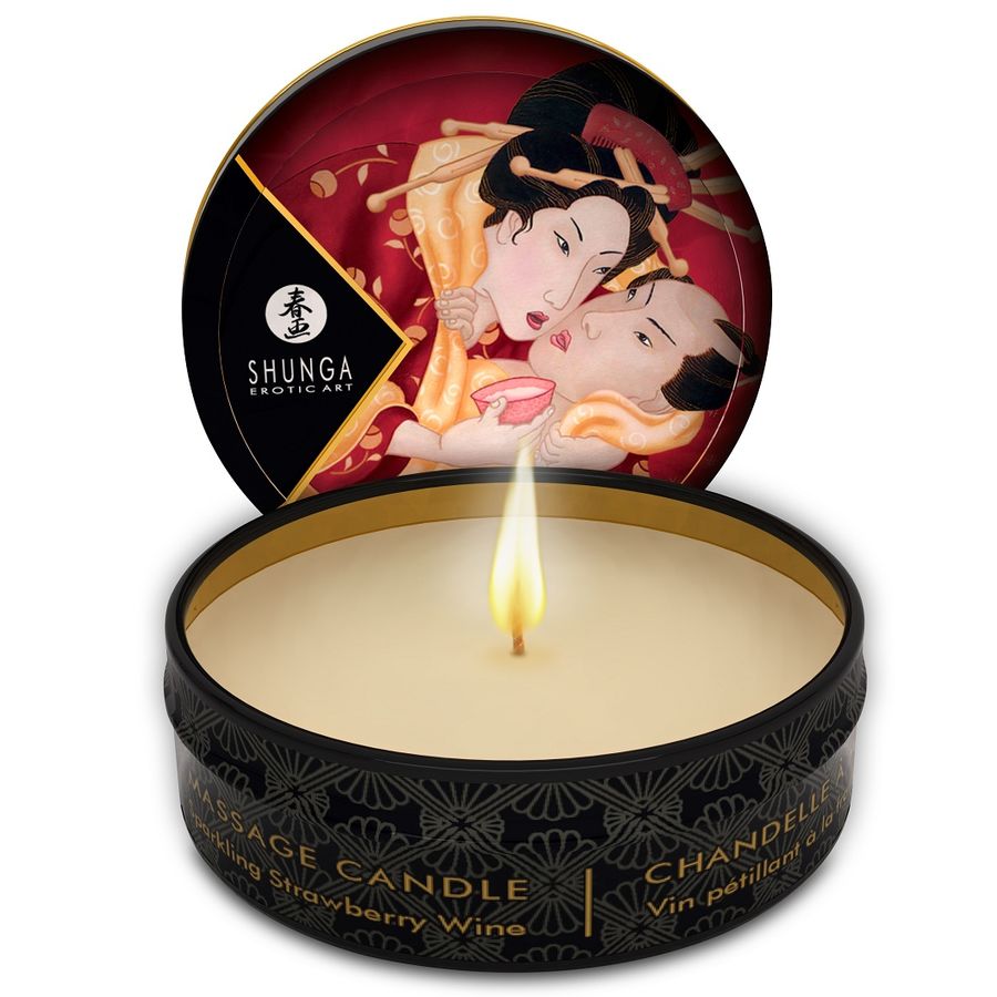 SHUNGA - MINI CARESS BY CANDELIGHT AARDBEIEN EN CAVA MASSAGEKAARS 30 ML