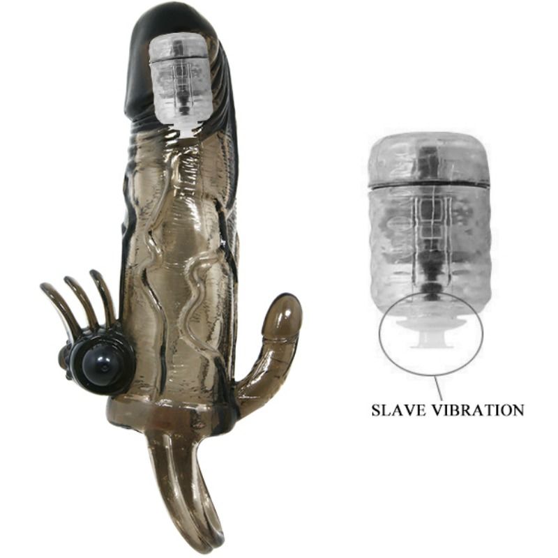 BAILE - BRAVE MAN PENIS COVER MET CLIT EN ANALE STIMULATIE DUBBELE KOGEL ZWART 16,5 CM