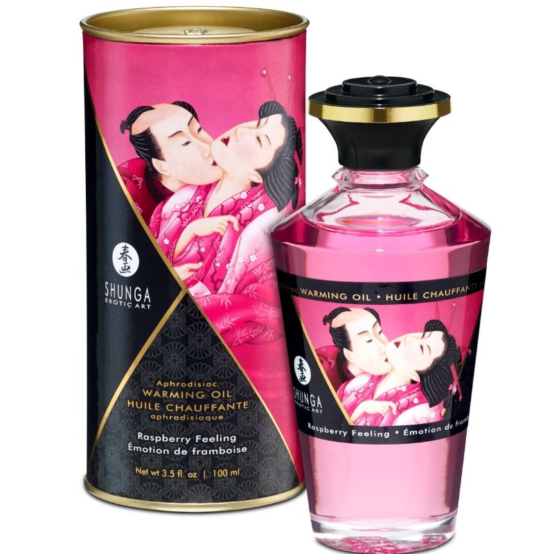 SHUNGA - Huile de massage à effet chauffant, saveur framboise intense, 100 ml
