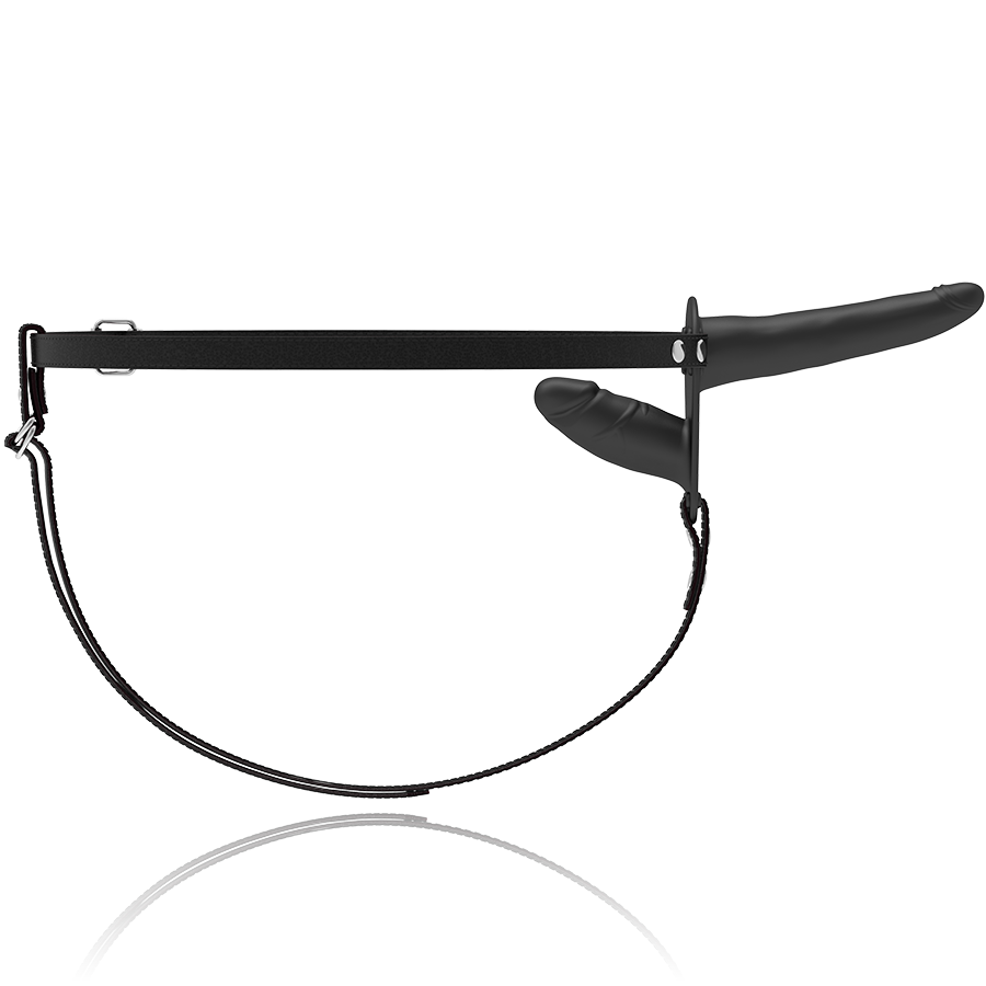 HARNAIS DE SOUMISSION FÉTICHISTE - VIBRATEUR NOIR À DOUBLE PÉNÉTRATION