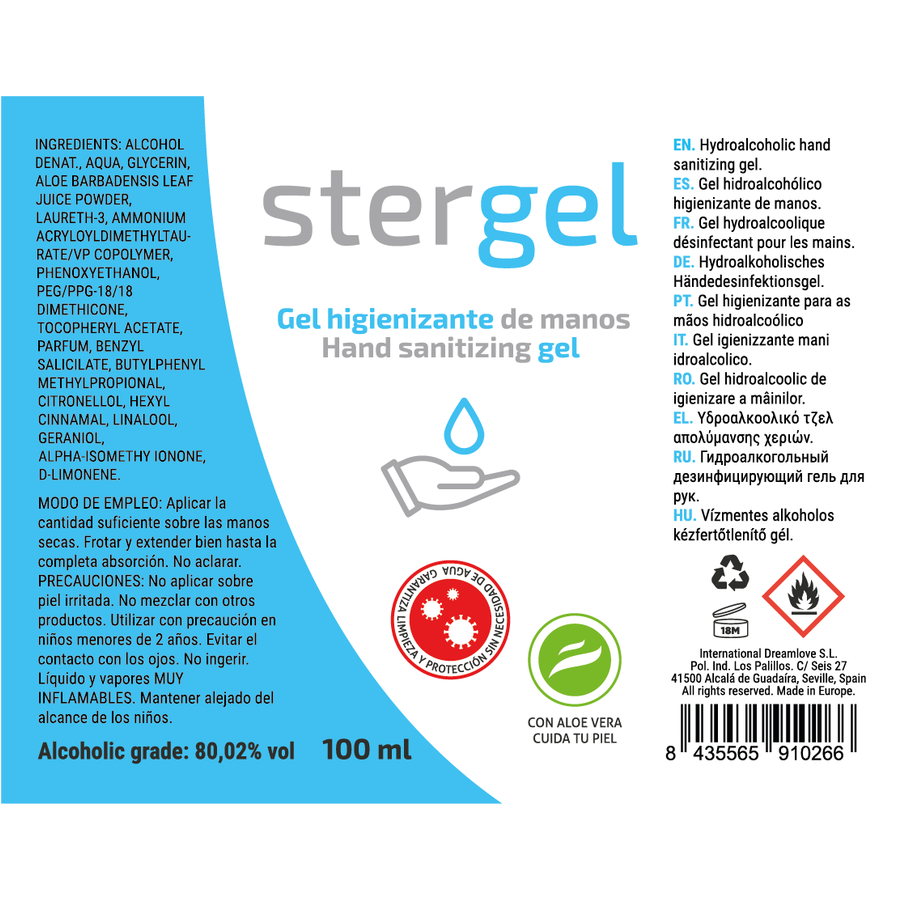 STERGEL - Gel hydroalcoolique désinfectant pour les mains à l'aloe vera 100 ml