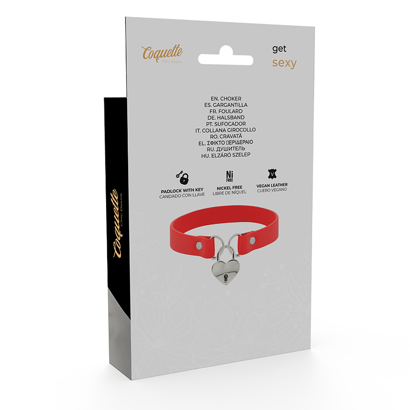 COQUETTE CHIC DESIRE - Красное веганское кожаное ожерелье с сердечком и ключиком.