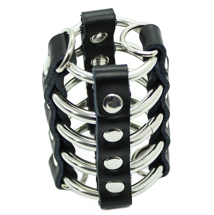 OHMAMA FETISH - PENISKOOI MET METALEN RINGEN EN LEDEREN BANDEN