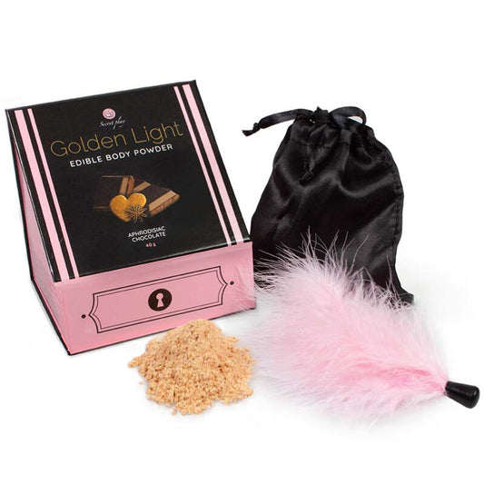 SECRETPLAY - KIT LUMIÈRE DORÉE, POUDRE ET PLUMES COMESTIBLES AU CHOCOLAT APHRODISIAQUE
