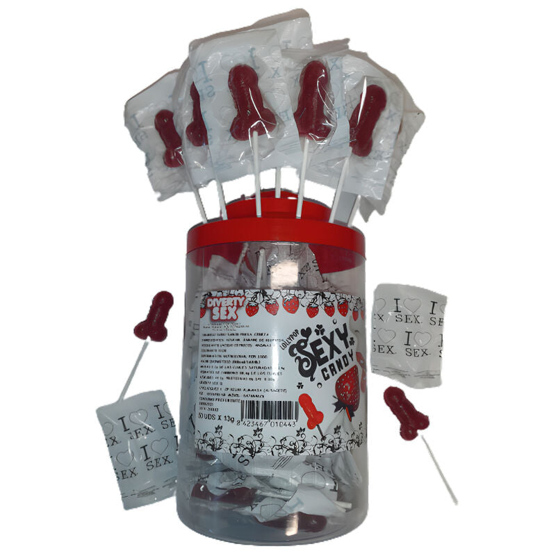 DIABLO PICANTE - 50 SUCETTES PÉNIS EN BONBONS FRAISE ET CERISE 50 UNITÉS
