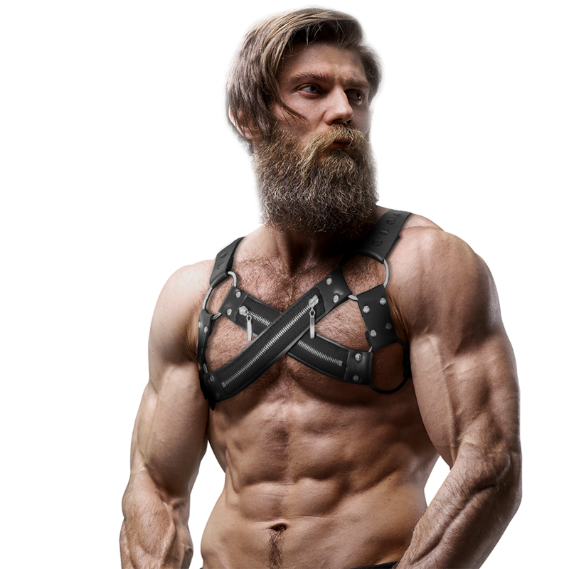 FETISH ONDERDANIGE ATTITUDE - VERSTELBARE NEOPREEN CROSS-OVER BORST BULLDOG HARNAS MET RITSEN VOOR MANNEN