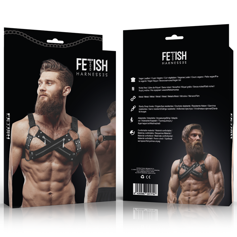 FETISH ONDERDANIGE ATTITUDE - VERSTELBARE NEOPREEN CROSS-OVER BORST BULLDOG HARNAS MET RITSEN VOOR MANNEN