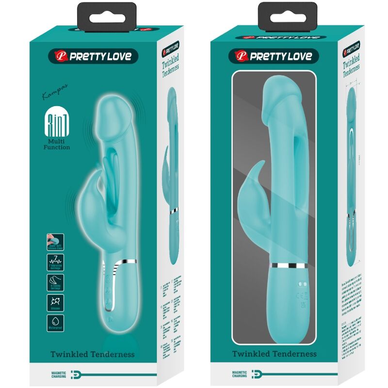 PRETTY LOVE - KAMPAS RABBIT 3 IN 1 MULTIFUNCTIONELE VIBRATOR MET TONG AQUA GREEN