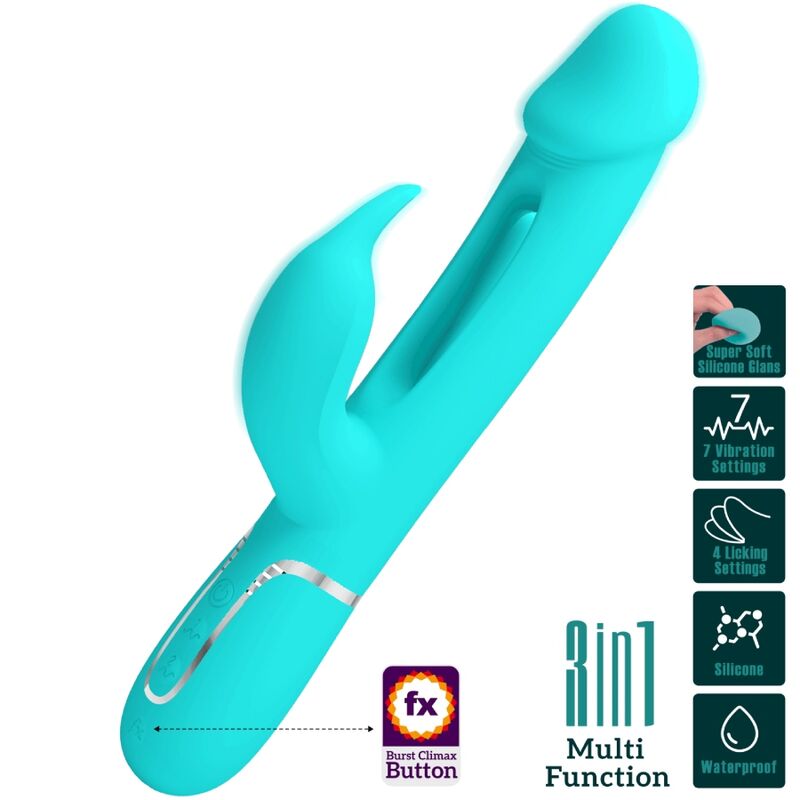 PRETTY LOVE - KAMPAS RABBIT 3 IN 1 MULTIFUNCTIONELE VIBRATOR MET TONG AQUA GREEN