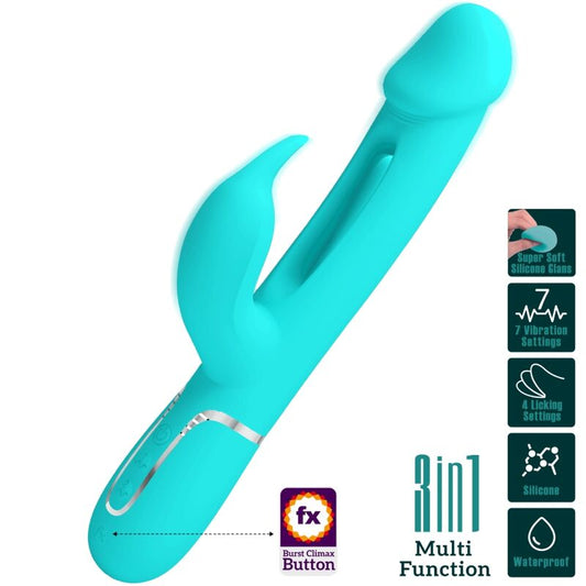 PRETTY LOVE - KAMPAS RABBIT 3 IN 1 MULTIFUNCTIONELE VIBRATOR MET TONG AQUA GREEN