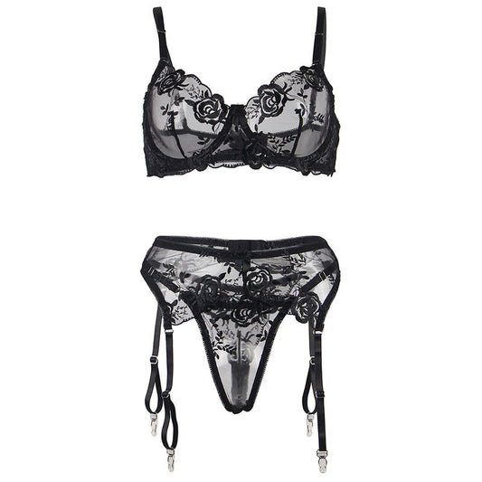 SUBBLIME - ENSEMBLE 3 PIÈCES SOUTIEN-GORGE + STRING + PORTE-JARRETELLES IMPRIMÉ FLORAL NOIR S/M