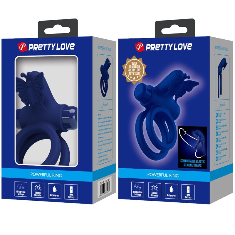 JRETTY LOVE - JAMELE Bague double avec vibration et stimulateur papillon bleu