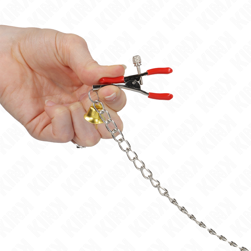 KINK - Тройные зажимы для сосков и клитора Bell, красные, с цепочкой, 30 см.