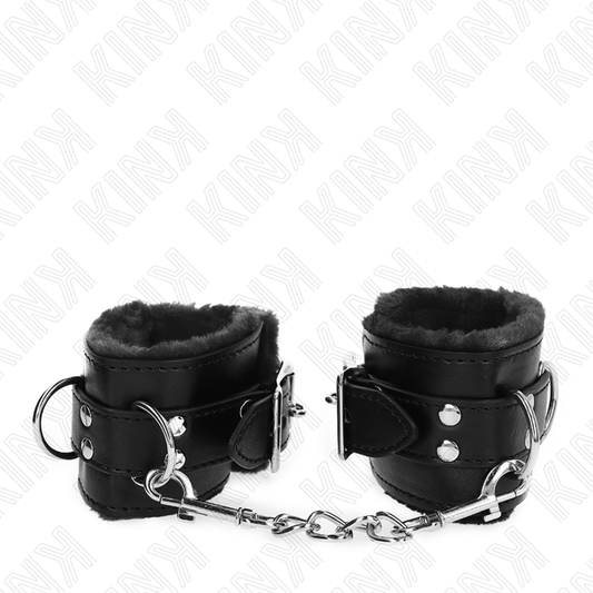 KINK - Menottes doublées de fourrure noires avec ceinture noire réglable 17-29 cm x 6 cm
