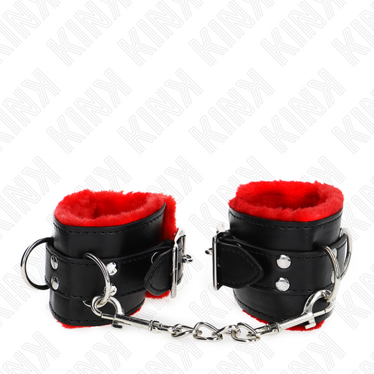 KINK - Menottes doublées de fourrure avec trous carrés, ceinture rouge et noire réglable 17-29 cm x 6 cm