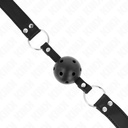 KINK - BÂILLON RESPIRANT À BOULE DE 4 CM AVEC DOUBLE RIVET MODÈLE 1 NOIR 62,5 x 2,5 CM RÉGLABLE DE 42 À 58 CM