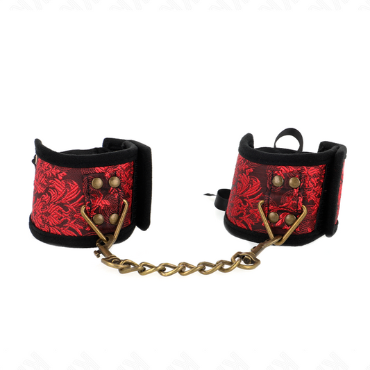 KINK - SCANDAL MENOTTES DE POIGNETS DÉTAILS EN LACET ROUGE ET NOIR 24,5 CM X 6,5 CM
