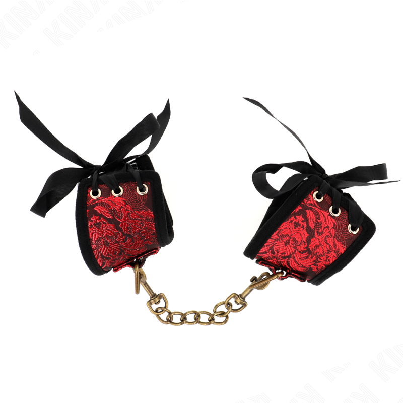 KINK - SCANDAL MENOTTES DE POIGNETS DÉTAILS EN LACET ROUGE ET NOIR 24,5 CM X 6,5 CM