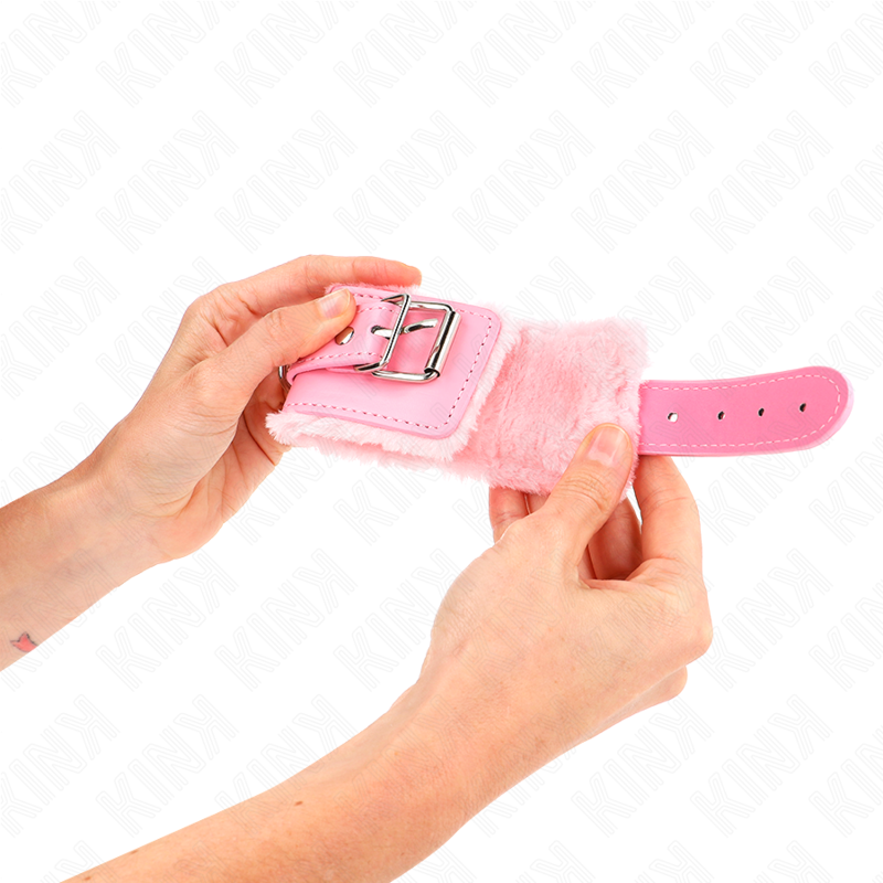 KINK - Наручники с меховой подкладкой, розовые, с розовым ремнем, регулируемые 17-29 см x 6 см.