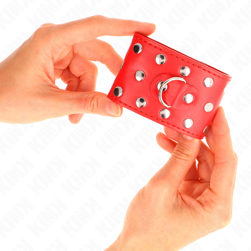 KINK - Наручники с застежкой-кнопкой, украшенные заклепками, красного цвета, регулируемые, 19-24 см x 5,5 см.