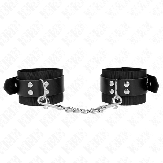 KINK - Menottes en nylon noir avec ceinture en cuir noir réglable 19-29 cm x 5,1 cm