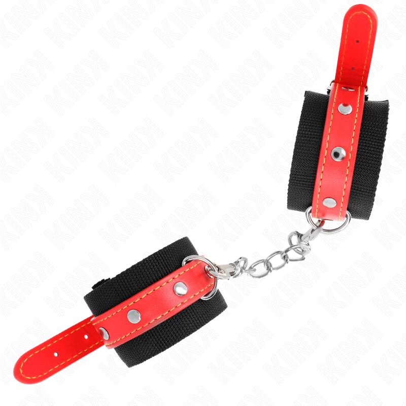 KINK - Menottes en nylon noir avec similicuir rouge, réglables 19-24 cm x 5,5 cm