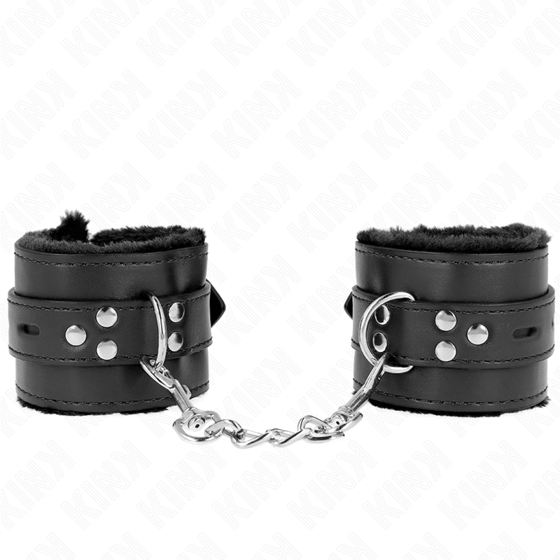 KINK - Menottes doublées de fourrure avec trous carrés, noires, et ceinture noire réglable 17-29 cm x 6 cm
