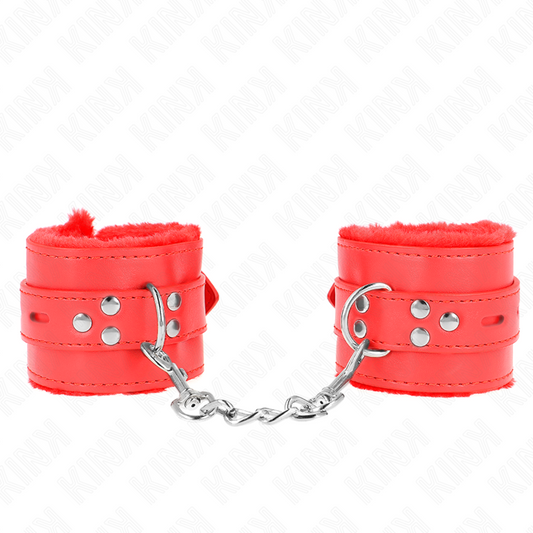 KINK - Menottes doublées de fourrure avec trous carrés rouges et ceinture rouge réglable 17-29 cm x 6 cm