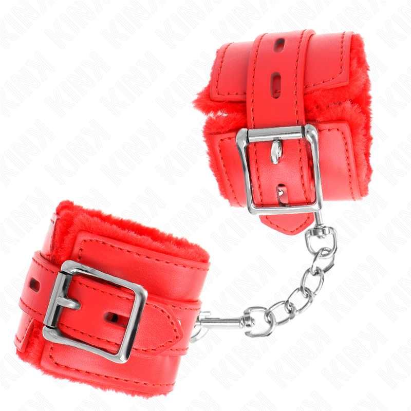 KINK - Menottes doublées de fourrure avec trous carrés rouges et ceinture rouge réglable 17-29 cm x 6 cm