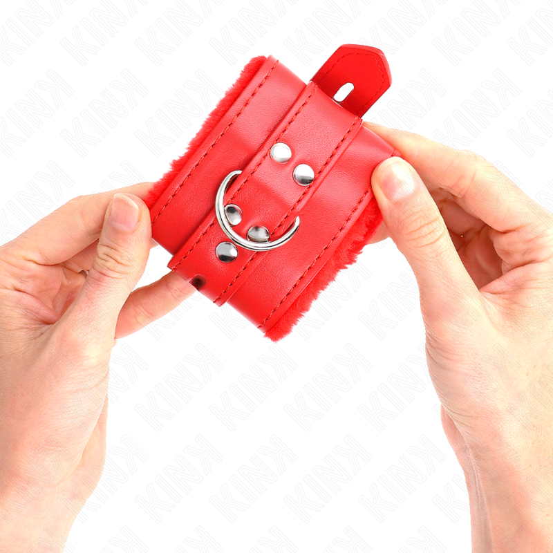 KINK - Menottes doublées de fourrure avec trous carrés rouges et ceinture rouge réglable 17-29 cm x 6 cm