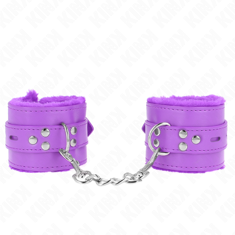 KINK - Menottes doublées de fourrure avec trous carrés, violettes, ceinture violette ajustable 17-29 cm x 6 cm