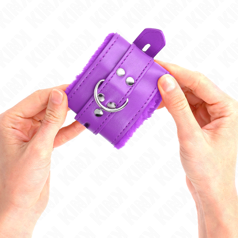 KINK - Menottes doublées de fourrure avec trous carrés, violettes, ceinture violette ajustable 17-29 cm x 6 cm