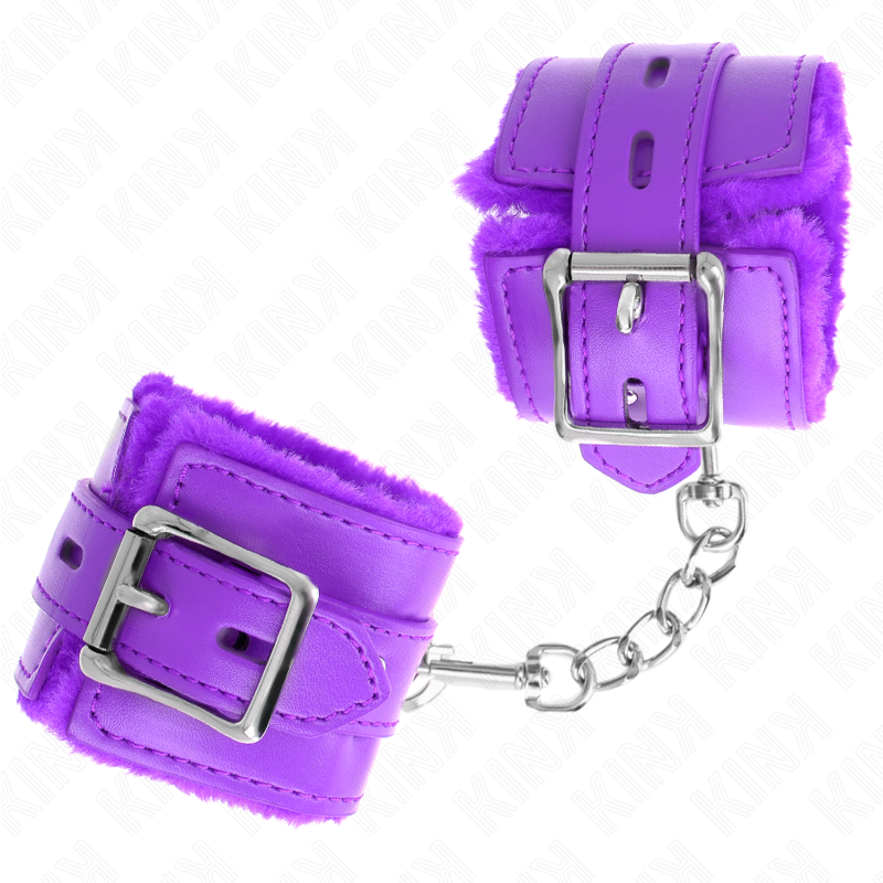 KINK - Menottes doublées de fourrure avec trous carrés, violettes, ceinture violette ajustable 17-29 cm x 6 cm