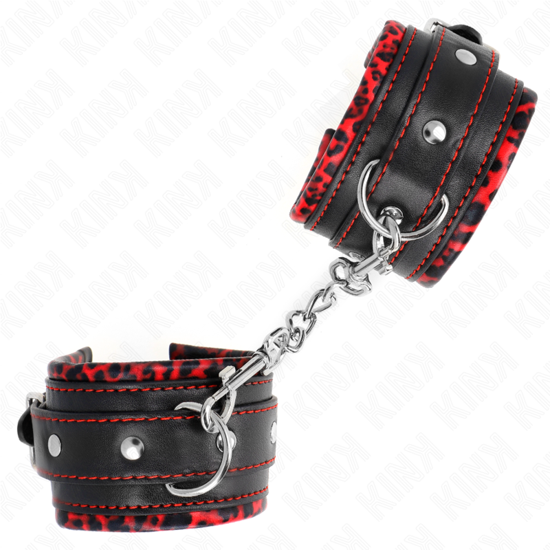 KINK - Menottes doublées de fourrure rouge/noir réglables 17-29 cm x 6 cm