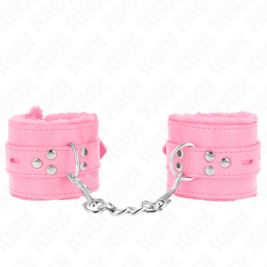 KINK - Menottes doublées de fourrure avec trous carrés roses et ceinture rose ajustable 17-29 cm x 6 cm