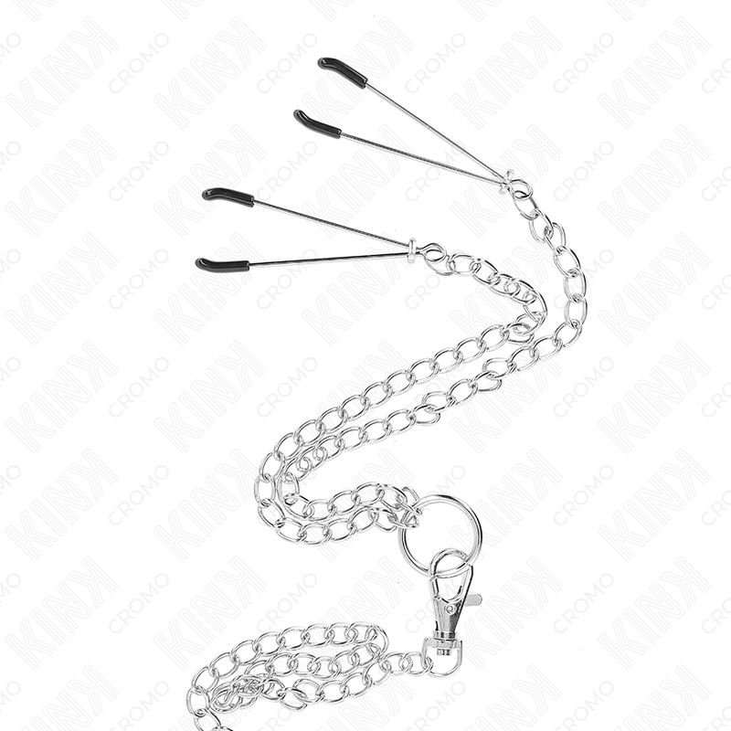 KINK - DRIEVOUDIGE CHROOM METALEN PENISRING 3,8 CM TOT 5 CM MET 26 CM METALEN KETTING EN TEPELKLEMMEN MODEL 2