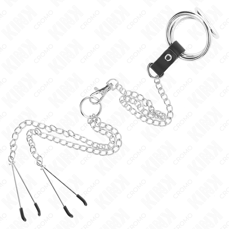 KINK - DRIEVOUDIGE CHROOM METALEN PENISRING 3,8 CM TOT 5 CM MET 26 CM METALEN KETTING EN TEPELKLEMMEN MODEL 2