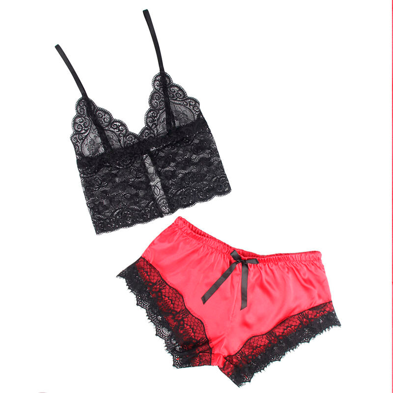SUBBLIME - 953959 Nuisette décontractée en soie + pantalon en dentelle noir/rouge S/M