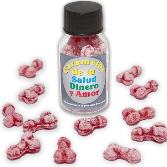 DIABLO PICANTE - 12 BONBONS SANTÉ-ARGENT-AMOUR EN FORME DE PÉNIS FRAISE/CERISE