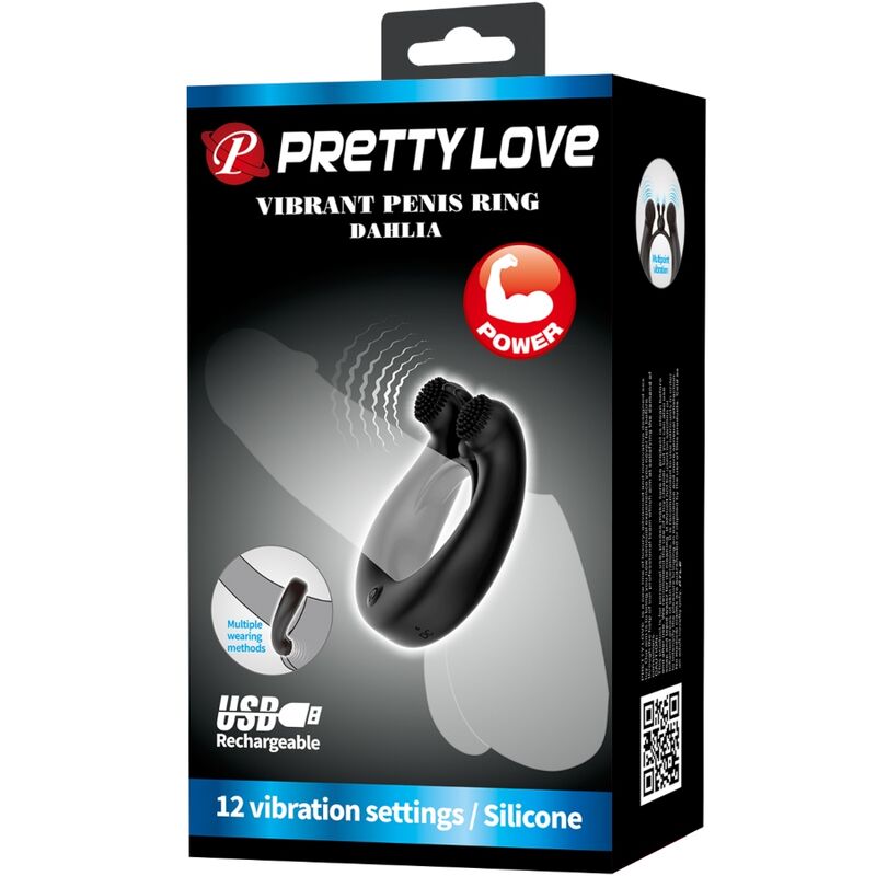 PRETTY LOVE - DAHLIA VIBRATIERING + CLITORIS STIMULATOR 12 VIBRATIES ZWART