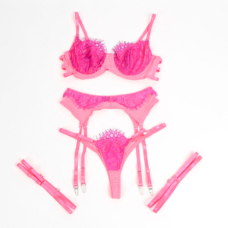 SUBBLIME - 955366 ENSEMBLE SOUTIEN-GORGE AVEC DENTELLE ET PORTE-JARRETELLES ROSE ET VIOLET L/XL