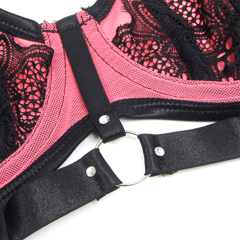 SUBBLIME - 955571 Розовый комплект бюстгальтера из лакированной кожи с сетчатой ​​вставкой и застежкой-молнией, размер S/M