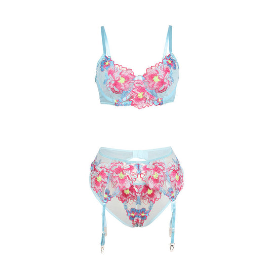 SUBBLIME - 957643 FLOWER EMBROIDERED BRA AND GARTER BELT SET PINK S/M