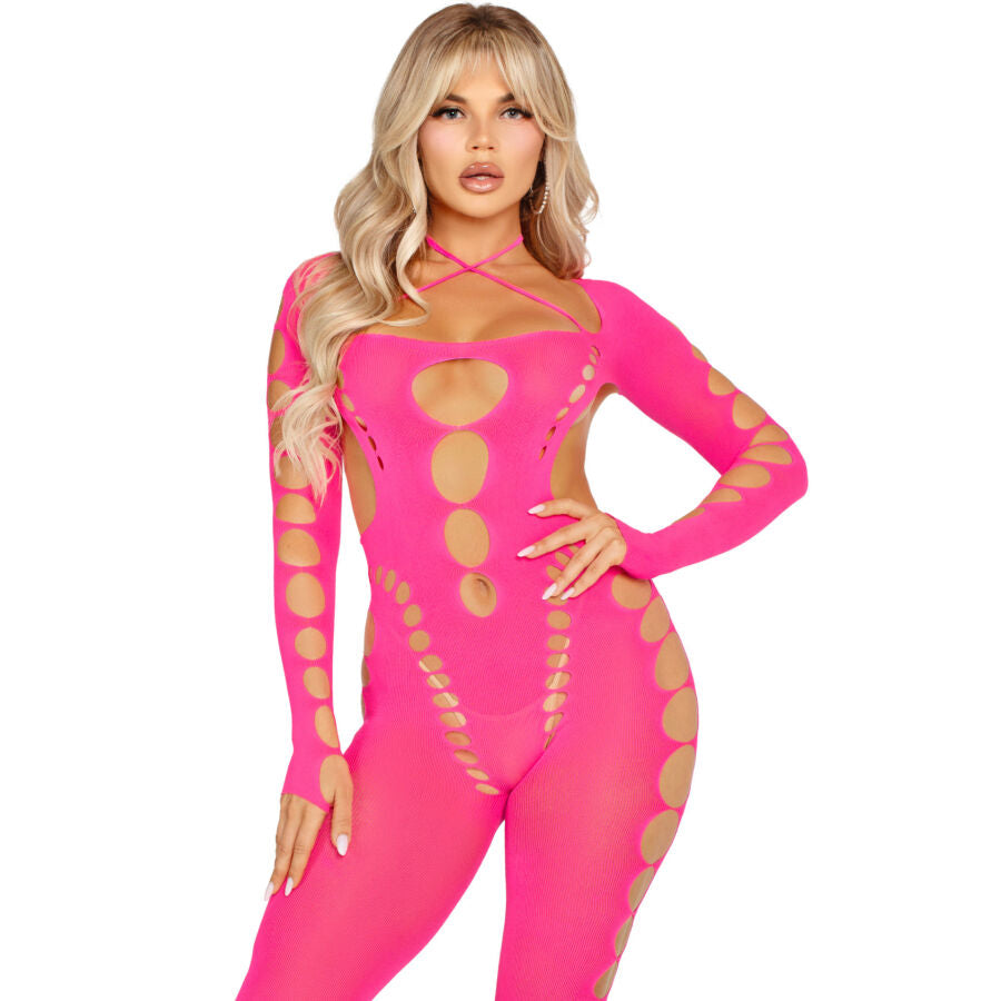 LEG AVENUE - PINK OPEN BACK BODYSTOCKING ONE SIZE