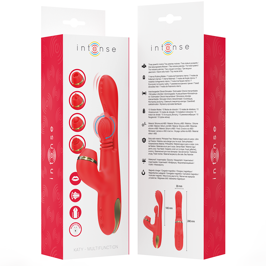 INTENSE - STIMULATEUR CLITORIS MULTIFONCTION KATY 4 EMBOUTS INTERCHANGEABLES ROUGE