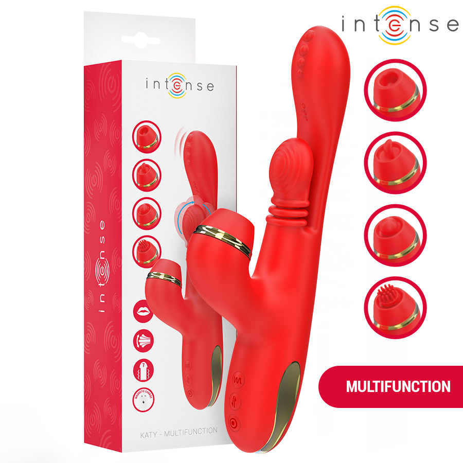 INTENSE - STIMULATEUR CLITORIS MULTIFONCTION KATY 4 EMBOUTS INTERCHANGEABLES ROUGE