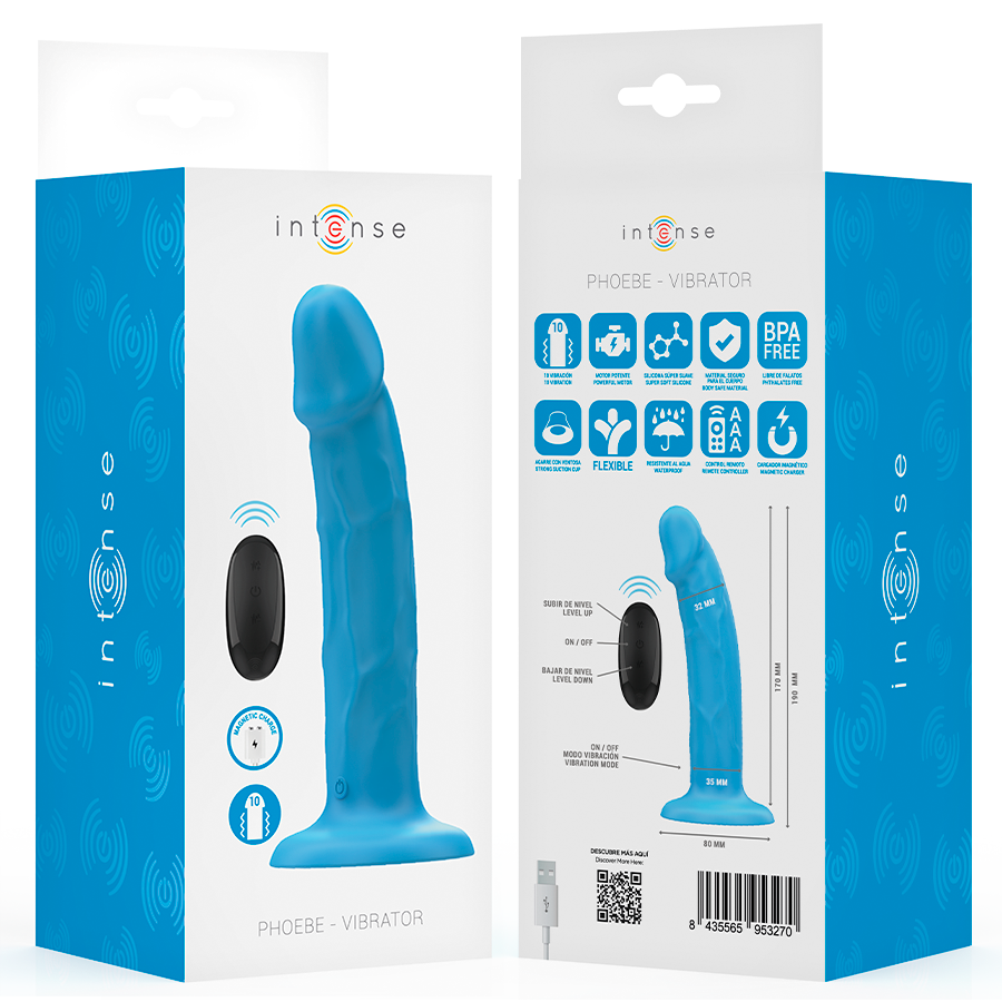 VIBRATEUR INTENSE - PHOEBE REALISTIC 10 VIBRATIONS TÉLÉCOMMANDE BLEUE