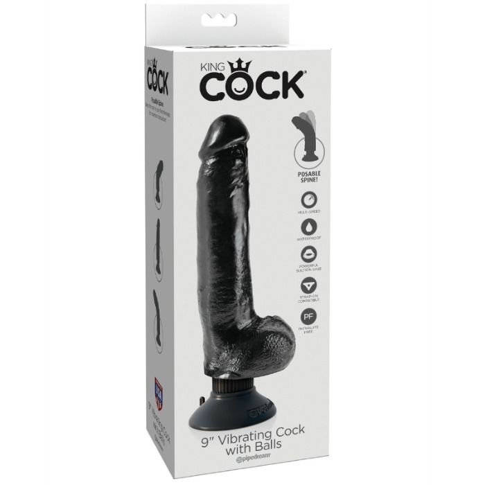 KING COCK - 23 CM VIBRERENDE PIK MET BALLEN ZWART